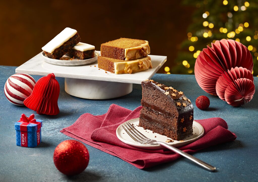 Costa Coffee Christmas 2023 Chocolate Ganache Cake Sticky Toffee Loaf Cake Christmas Cake Slice