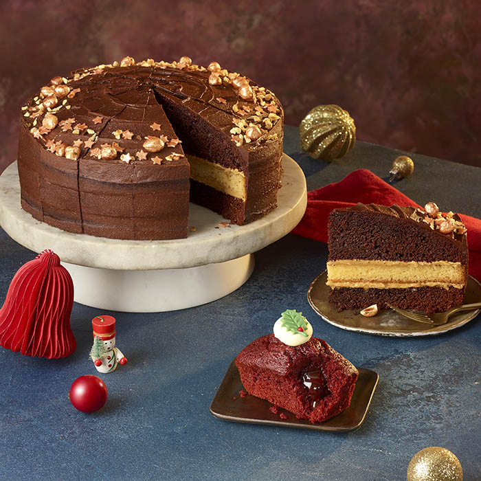 Chocolate and Caramel Nutcracker Cake Berry Red Mini Velvet Loaf Cake Costa Coffee Festive 2024