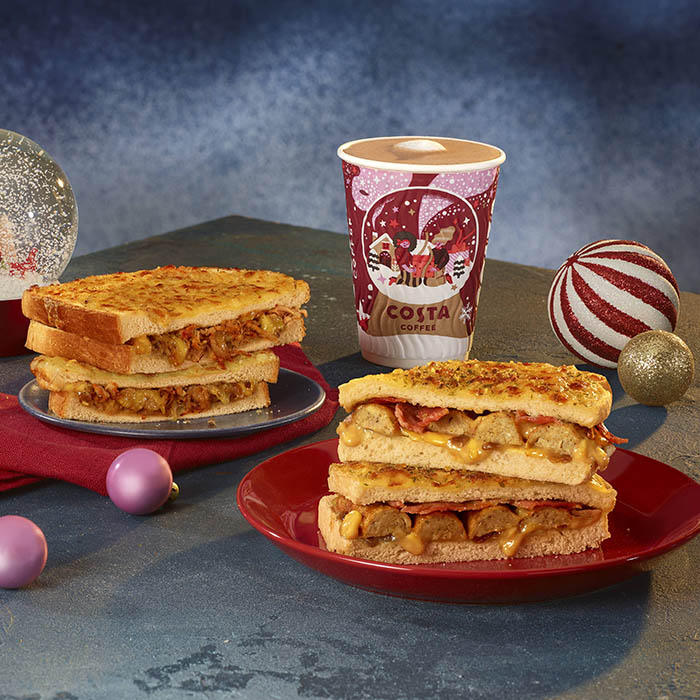 Costa Coffee Pigs & Blanket Toastie Hog Roast Toastie Costa Express Caramel Nutcracker Hot Chocolate