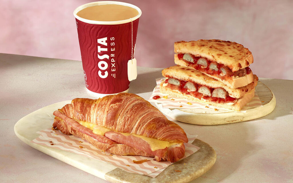 Costa Coffee All Day Breakfast Toastie Ham and Cheddar Croissant Costa Express tea